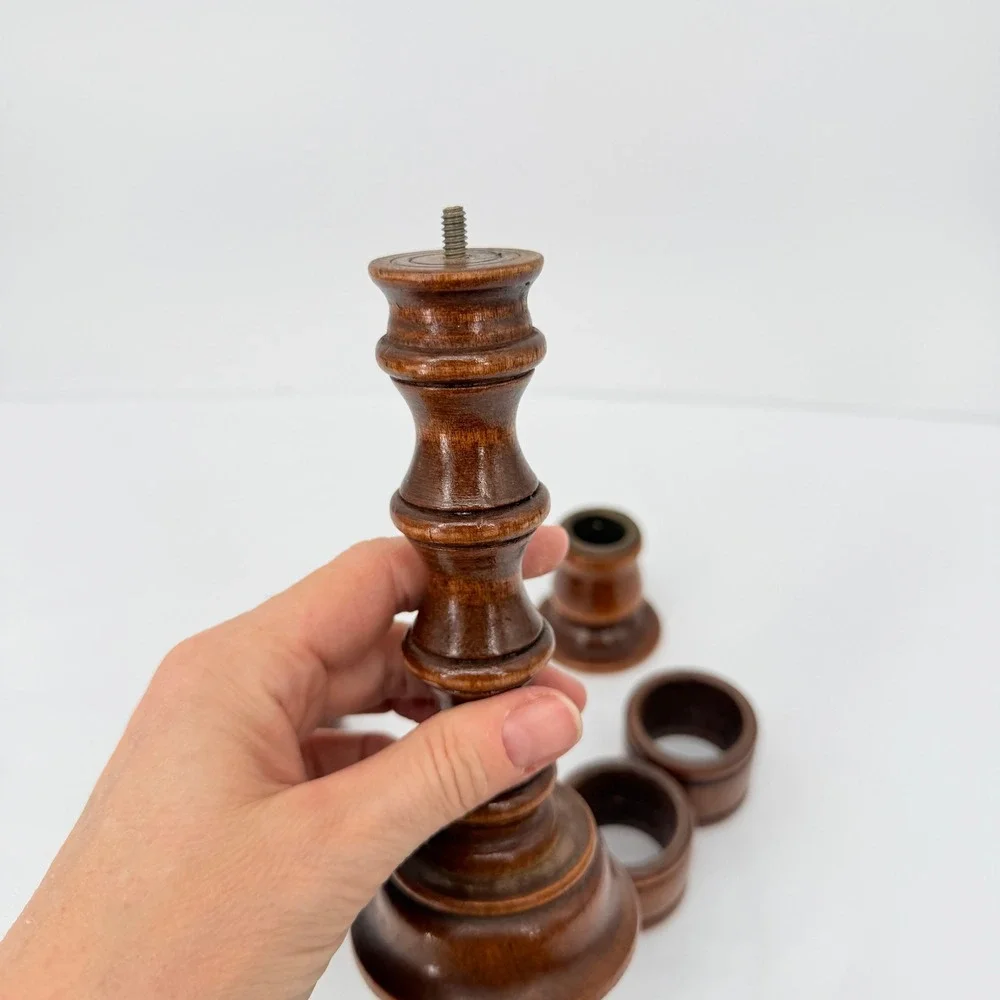 Carved Wood Candlestick Removable Napkin Ring Set Vintage‎ MCM Table Decor Brown